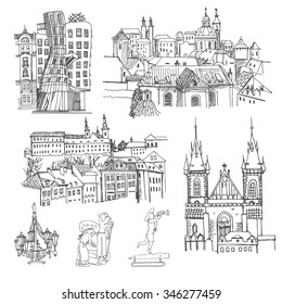 Prague. Vector sketch old town. Hand drawn public and religious buildings, urban elements.