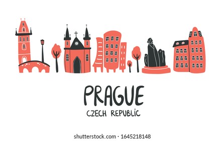 Esquina vectorial de Praga en estilo doodle con silueta del Puente Carlos, iglesia catedral, monumento y casa. Ilustración para promoción turística, concepto, afiches, t-pantalones, blog sobre fondo blanco