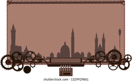 Prague vintage skyline frame, vector banner background cogs, gears, sign menu wheel, old retro, steampunk logo