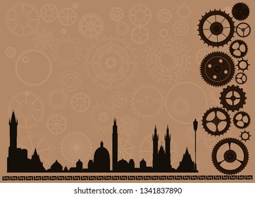 Prague vintage skyline frame, vector banner background cogs, gears, sign menu wheel, old retro, steampunk logo