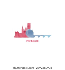 Prague watercolor cityscape skyline city panorama vector flat modern logo, icon. Czech Republic capital, megapolis emblem concept with landmarks and building silhouettes. Isolated graphic