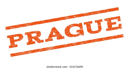 Prague watermark stamp. Text caption between parallel lines with grunge design style. Rubber seal stamp with unclean texture. Vector orange color ink imprint on a white background.