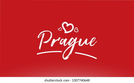 prague white city hand written text with heart on red background for logo or typography design