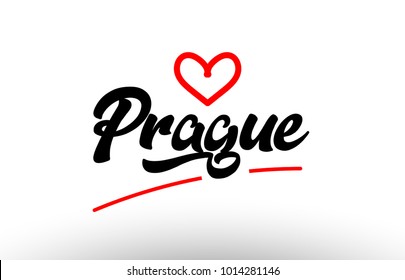 prague word text of european or europe city with red love heart suitable as a logo for a company or for touristic promotion