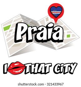 Praia. I Love That City. Vector Illustration with country flag.