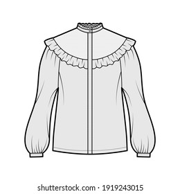 Prairie Blouse Technical Fashion Illustration With Bouffant Long Sleeves, Stand Collar, Ruffle Yoke, Cuff, Hide Button Up. Flat Apparel Top Template Front, Grey Color. Women, Men Unisex CAD Mockup