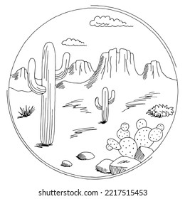 Prairie circle frame graphic black white desert landscape sketch illustration vector