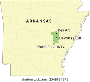 Prairie County and cities of Des Arc and DeValls Bluff location on Arkansas state map