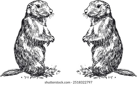 Prairie Dog Hand Drawn Sketch, Groundhog, Prairie Dogs are facing each other