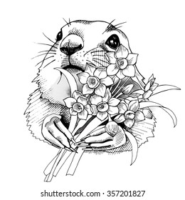 Prairie Dog Portrait with flowers narcissus. Vector black and white illustration.