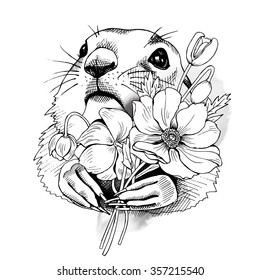 Prairie Dog Portrait with flowers poppies. Vector black and white illustration.