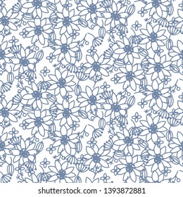 Prairie florals blue light colors seamless vector pattern. Artistic small line daisy flower and plants fabric textile print background.