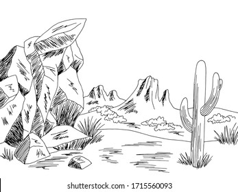 Prairie graphic black white wild west desert landscape sketch illustration vector