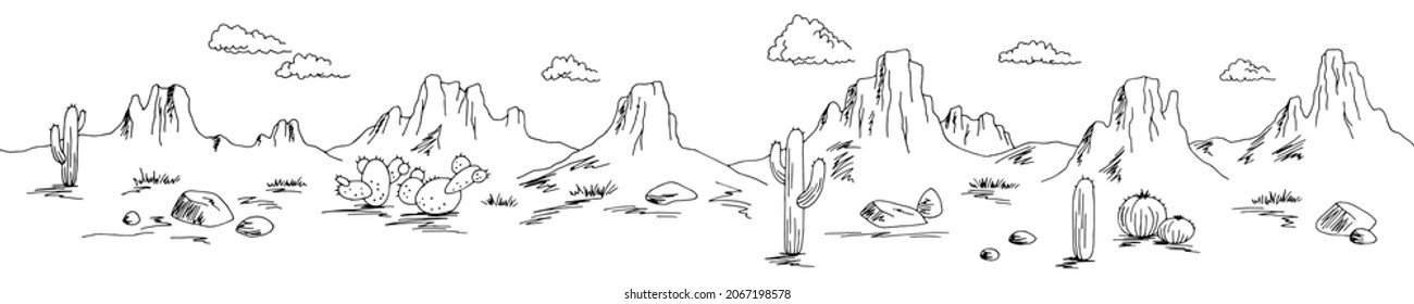 Prairie graphic black white wild west desert long landscape sketch illustration vector 