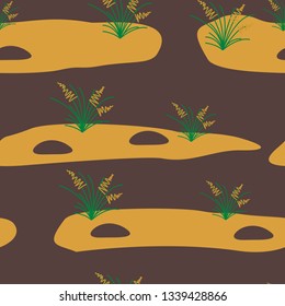 Prairie inspired, hand drawn seamless vector pattern. Tufts of grass on green and sandy background.
