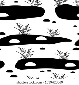 Prairie inspired, hand drawn seamless vector pattern. Tufts of grass on green and sandy background.