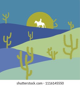 Prairie landscape on blue, neutral and violet colors. Hand drawn Vector illustration. Sketch of the desert of South America with cacti.
