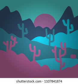 Prairie landscape on blue, pink and violet colors. Hand drawn Vector illustration. Sketch of the desert of South America with cacti.
