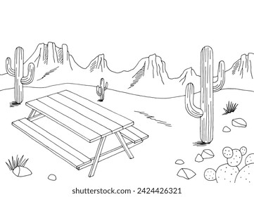 Tabla de picnic de pradera gráfico negro blanco desierto paisaje bosquejo ilustración vector