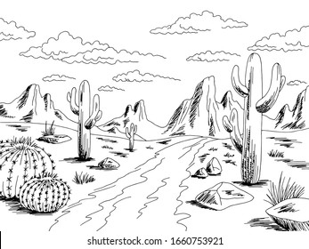 Prairie Road Graphic Black White Desert Landscape Sketch Illustration Vector