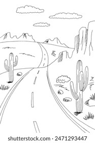 Prairie road graphic black white desert landscape vertical sketch illustration vector 