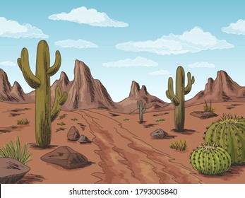 Prairie road graphic color desert landscape sketch illustration vector 