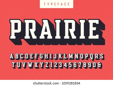 Prairie vector condensed retro typeface, uppercase letters and numbers, alphabet, font, typography. Global swatches.