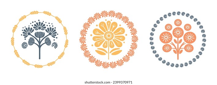 Prairie vector flower wreath isolated clipart set for rural folkart floral. Scandi retro plant sprig in decorative foliate folksy style collection.