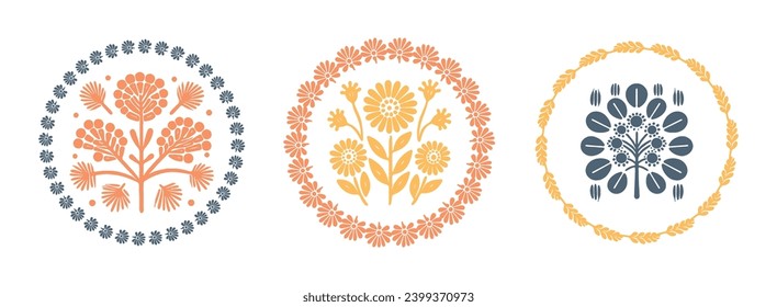 Prairie vector flower wreath isolated clipart set for rural folkart floral. Scandi retro plant sprig in decorative foliate folksy style collection.