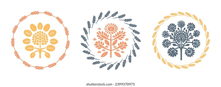 Prairie vector flower wreath isolated clipart set for rural folkart floral. Scandi retro plant sprig in decorative foliate folksy style collection.