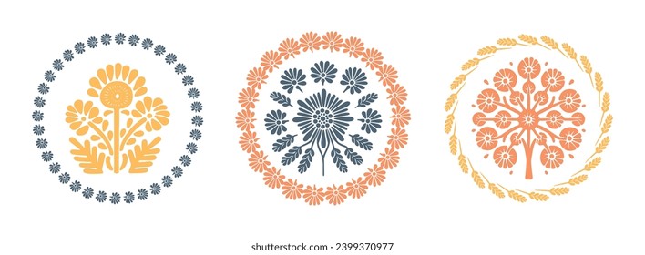 Prairie vector flower wreath isolated clipart set for rural folkart floral. Scandi retro plant sprig in decorative foliate folksy style collection.