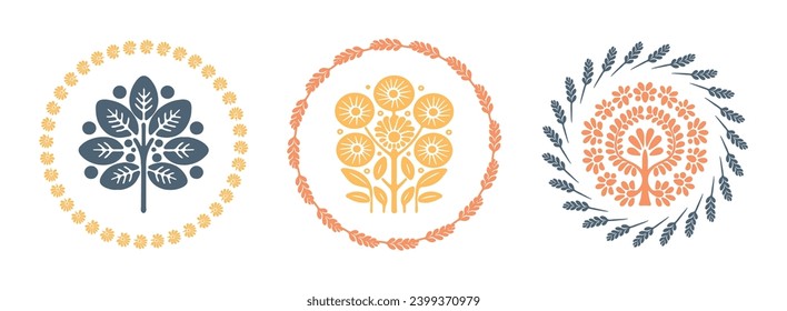 Prairie vector flower wreath isolated clipart set for rural folkart floral. Scandi retro plant sprig in decorative foliate folksy style collection.