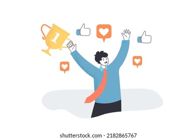 Praise to employee with golden cup of winner. Man with thumbs up and likes signs to evaluate high performance flat vector illustration. Best work concept for banner, website design or landing web page