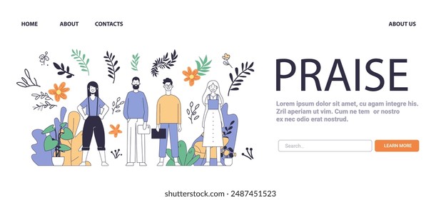 Elogio Concepto de Salud Mental Diverso grupo de personas de pie juntos rodeados de plantas y flores Anuncio de diseño de Sitio web