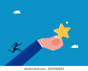 Praise success or achievement. Businesswoman running up to the star on the giant hand