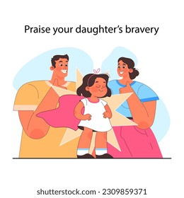 Praise your daughter's bravery. Modern gender neutral parenting. Positive advice for parents to raise a girl. Little children nurturing without gender-focused stereotype. Flat vector illustration