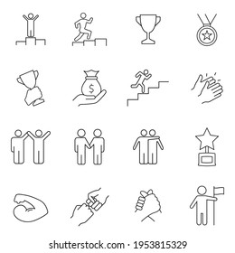 Conjunto de iconos de línea elogiado y satisfecho. Iconos incluidos como pensamiento positivo, ganador, orgulloso, feliz, exitoso, gente, admirador y más. Signos de contorno. Diseño web, aplicación móvil. Ilustración vectorial. Eps10