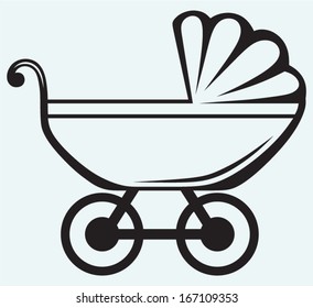 Pram. Baby carriage isolated on blue background