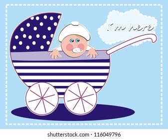 pram, boy, vector illustration, text, blue color