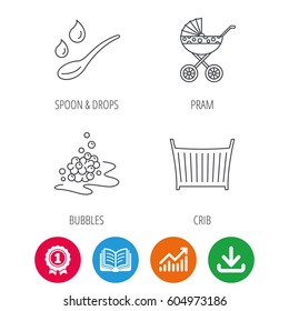 Pram carriage, spoon and drops icons. Bubbles, crib bed linear signs. Award medal, growth chart and opened book web icons. Download arrow. Vector