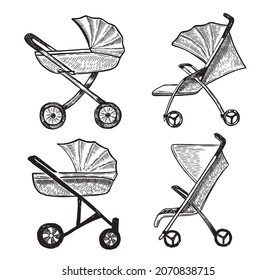 Pram hand drawn vector illustration.	