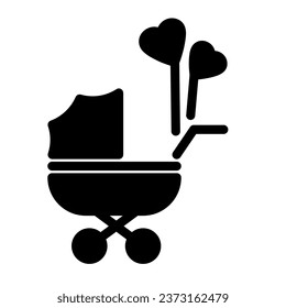 Pram with heart shaped balloons solid icon, newborn holiday concept, Baby carriage sign on white background, baby stroller with heart balloon symbol in glyph style for mobile, web. Vector