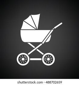 Pram ico. Black background with white. Vector illustration.