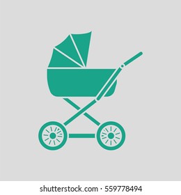 Pram ico. Gray background with green. Vector illustration.