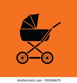 Pram ico. Orange background with black. Vector illustration.