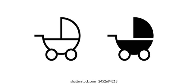 Pram icon, Baby stroller, Baby carriage line and flat icons set, editable stroke isolated on white, linear vector outline illustration, symbol logo design style