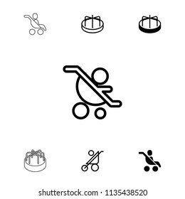 Pram icon. collection of 7 pram filled and outline icons such as child playground carousel, baby stroller. editable pram icons for web and mobile.