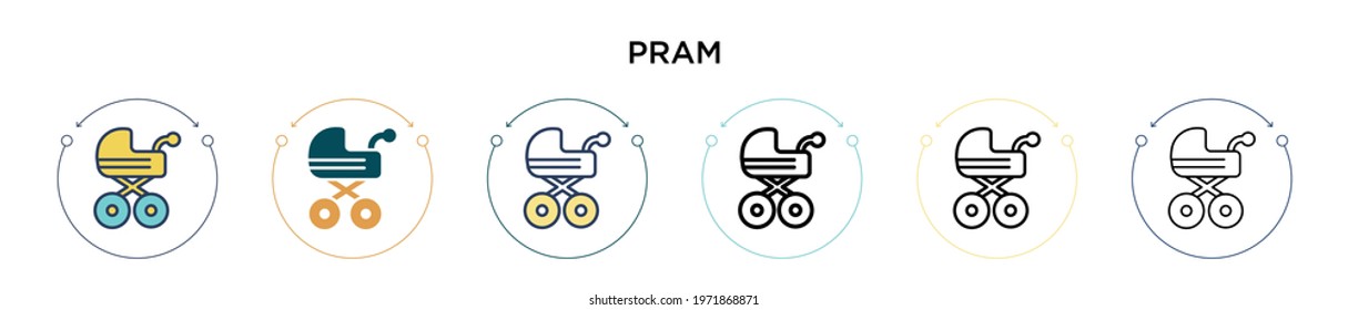 Pram icon in filled, thin line, outline and stroke style. Vector illustration of two colored and black pram vector icons designs can be used for mobile, ui, web