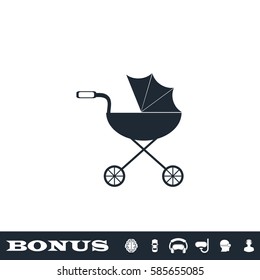 Pram icon flat. Black pictogram on white background. Vector illustration symbol and bonus button