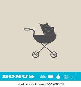 Pram icon flat. Grey pictogram on light background. Vector illustration symbol and bonus button real estate, ottoman, vase, tv, fishing rod